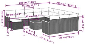 13 pcs conjunto sofás p/ jardim c/ almofadões vime PE cinzento