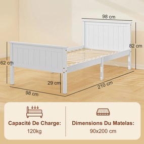 Estrutura de cama 90 x 200 cm, (COLCHÃO NÃO INCLUIDO) cama individual em madeira maciça com base de ripas, cabeceira e pés incluídos, montagem fácil,
