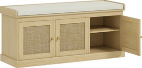 HOMCOM Banco para sapatos 9 pares, banco de arrumação, 3 portas em vime, almofada e prateleira ajustável, 105x35x47cm, carvalho | Aosom Portugal