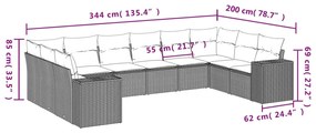 10 pcs conj. sofás jardim com almofadões vime PE cinzento-claro