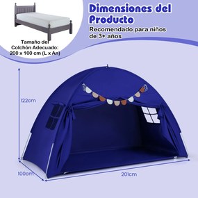Tenda dobrável e portátil brincar para crianças 201 x 100 x 122 cm com 2 janelas e bandeiras para beliches duplos azul