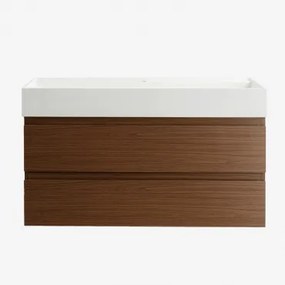Conjunto De Móvel De Casa De Banho Suspenso Em Madeira E Folha De Freixo Com Lavatório Integrado Ona Madeira Escura & Sem Espelho & Sem - Sklum