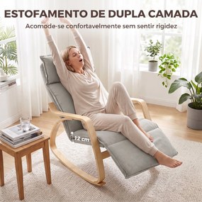 Cadeirão de Baloiço com Apoio para os Pés Ajustável 5 Posições Apoios de Braços em Madeira Acolchoamento Duplo Cinza Claro