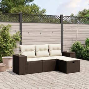 4 pcs conjunto sofás de jardim c/ almofadões vime PE castanho