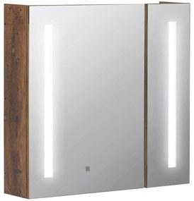 kleankin Armário com Espelho de Casa de Banho com Luz LED Armário de Casa de Banho Suspenso com 2 Portas e Interruptor Tátil Estilo Moderno 70x15x65cm Marrom Rústico