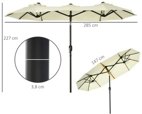 Chapéu de Sol Duplo 285x147x227cm Chapéu de Sol de Jardim com Inclinação de 45° Manivela Estrutura de Aço para Pátio Varanda Piscina Bege