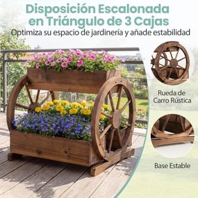 Floreira de plantio rústica em madeira 61,5 x 55 x 62 cm, canteiro elevado de 2 níveis com 3 compartimentos de cultivo e orifícios de drenagem Castanh