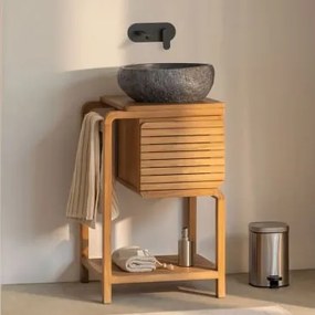 Conjunto De Móveis De Banheiro Em Madeira De Teca Bradley Irregular Em Cimento Preto ↔︎40 Cm Fedro & Sem Espelho - Sklum