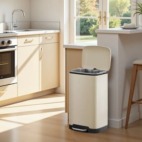 Caixote do lixo para cozinha 30L com pedal em aço 34,5 x 32,5 x 61,5 cm , tampa com fecho suave, caixote interior removível Creme