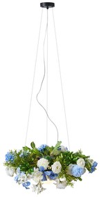 Candeeiro suspenso boémio preto com flores coloridas azuis e brancas - Flower Power