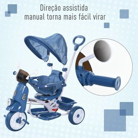 Triciclo infantil com toldo Barreira Apoio para os pés Luz e Música 93x51x94 cm Azul