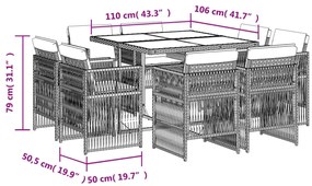 9 pcs conjunto de jantar p/ jardim c/ almofadões vime PE cinza