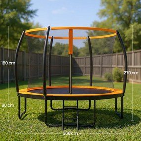 Trampolim de jardim Ø 366 cm com rede de segurança, cobertura lateral preto-laranja