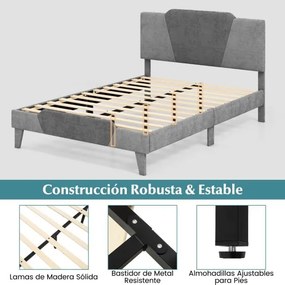 Estrutura de cama em veludo com cabeceira em ripas de madeira maciça para apoio do colchão (Não incluido) Fácil montagem. 208 x 145 x 105 cm. Cinza