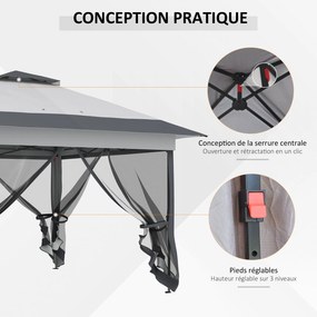 Tenda de Jardim Pop-up, 364 x 364 x 298 cm, Com Redes Mosquiteiras, Cinzento