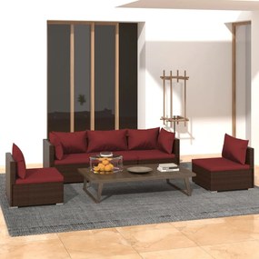 vidaXL 5 pcs conjunto lounge jardim c/ almofadões vime PE castanho