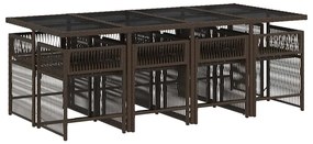 9 pcs conjunto jantar p/ jardim c/ almofadões vime PE castanho