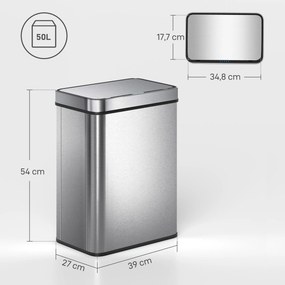 Caixote do lixo com sensor de 50 L com tampa de fecho suave 39 x 27 x 54 cm, caixote do lixo automático de cozinha em aço inoxidável, prateado