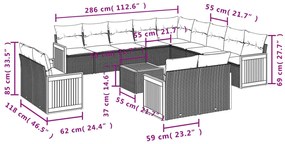 14 pcs conjunto sofás p/ jardim c/ almofadões vime PE cinzento