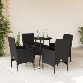vidaXL 5 pcs conjunto jantar jardim c/ almofadões vime PE/vidro preto