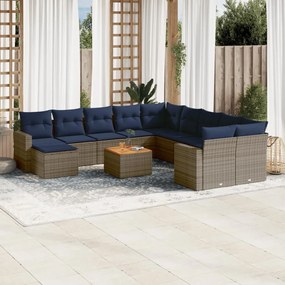 vidaXL 12 pcs conjunto sofás p/ jardim c/ almofadões vime PE cinzento