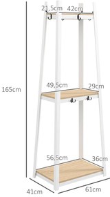 Suporte para Cabides de 3 Níveis Suporte para Cabides com 6 Ganchos e Prateleiras para Entrada Corredor 61x41x165 cm Natural