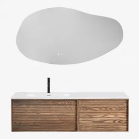 Conjunto De Móvel De Casa De Banho Suspenso 140x50 Cm Em Madeira Com Lavatório Integrado Solea Castanho Fresno & Led Irregular - Sklum