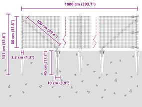 Cerca de Arame Soldado com 7 Postes de Espeto Cinza 0,8x10 m de Aço