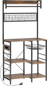 Armario de Cozinha com Três Tomadas e Luzes LED Estilo Industrial com Prateleiras para Micro-ondas 80x42x162 cm Castanho Rústico e Preto