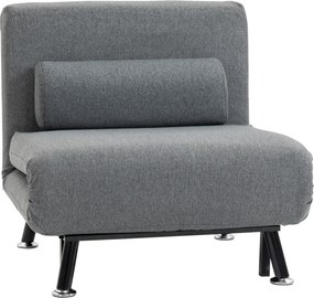 Sofá Cama Individual Dobrável com Encosto Ajustável em 5 Níveis Almofada e Estofado de Linho Sintético 75x70x75 cm Cinzento