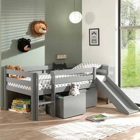 Conjunto Cama alta de Criança PINO 90 x 200 cm + estrado + escada + escorrega + conjunto de 2 gavetas Cinzenta