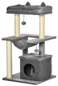 PawHut Arranhador Gatos 3 Níveis Caverna Rede Plataforma Bolas Suspensas Poste Sisal 48x48x90 cm Design Moderno Cinza | Aosom Portugal