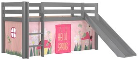 Conjunto Cama alta de Criança PINO 90 x 200 cm + estrado + escada + escorrega + cortina Primavera Cinzenta