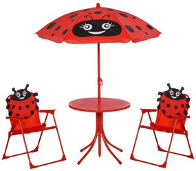 Outsunny Conjunto Mesa Cadeira Jardim Infantil Dobrável Chapéu Sol Desenho Joaninha Vermelho 100-125cm