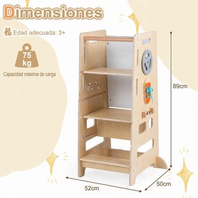Torre de Aprendizagem Montessori, 52 x 50 x 89 cm, Multifuncional 4 em 1, Natural