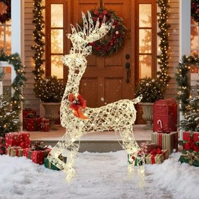 Rena Natal Iluminada 80 x 52 x 150 cm com 100 Luzes LED Flocos de Neve PP e Laço Vermelho Estrutura Metálica Robusta para Interior e Exterior Branco e