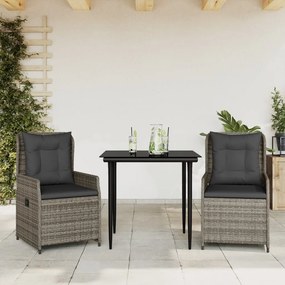 vidaXL 3 pcs conjunto de jantar p/ jardim c/ almofadões vime PE cinza