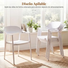 Conjunto de 4 cadeiras de jantar em plástico com encosto curvo, braços e assento amplo; para uso interior e exterior, na sala, terraço ou jardim branc