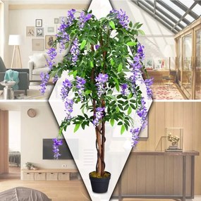 Flor artificial de glicínia 150 cm Planta decorativa em vaso roxo para interior.