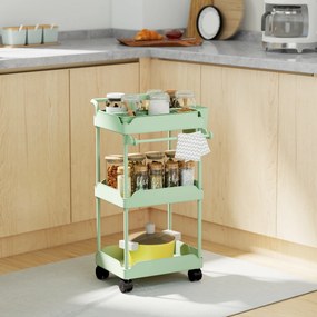 Carrinho Auxiliar com Rodas de 3 Níveis com Cestos Extraíveis Suporte para Toalhas e Estrutura de Metal 42x42,5x76 cm Verde