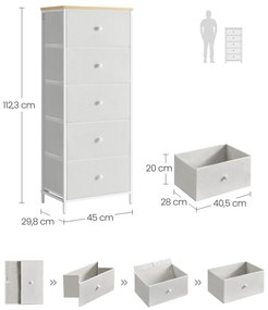 Cómoda com 5 gavetas em tecido estreito 29,8 x 45 x 112,3 cm camel amarelo-creme branco