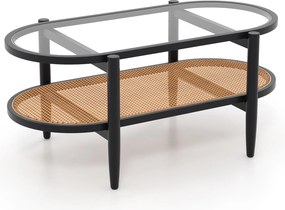Mesa de centro oval de dois níveis com tampo em vidro temperado 102 x 46 x 46 cm, estante em vime e estrutura em madeira curvada para sala de estar ou