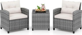 Conjunto de jardim de 3 peças, composto por cadeiras de rattan e mesa com tampo de vidro temperado para pátio, rattan em mistura de cinzento com almof