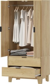 Guarda roupa de quarto 80 x 50 x 180 cm com 2 portas com fecho suave, 2 gavetas e barra para pendurar roupa, madeira natural