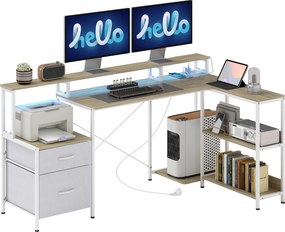 Secretária de canto 172 C x 100 P x 89 A cm com tomadas e luzes LED RGB, secretária para computador, suporte para ecrã, 2 gavetas tecido, branca e beg