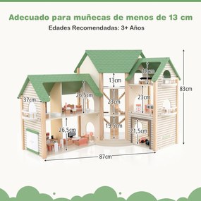 Casa de bonecas de canto em madeira com 36 peças de mobiliário e acessórios 3 pisos 6 divisões Varandas para crianças com mais de 3 anos Telhado verde