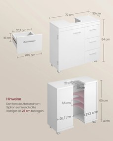 Armário casa banho 30 x 70 x 64 cm para lavatório (NÃO INLCUIDO) com 3 gavetas grandes Branco