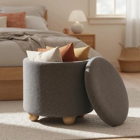 Banco redondo com arrumação 35 L oculta estofado em chenille, tampo removível e pernas de madeira para sala ou quarto cinzento
