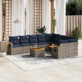 10 pcs conjunto sofás p/ jardim c/ almofadões vime PE cinzento