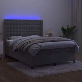 Cama box spring c/ colchão/LED 140x190 cm veludo cinzento